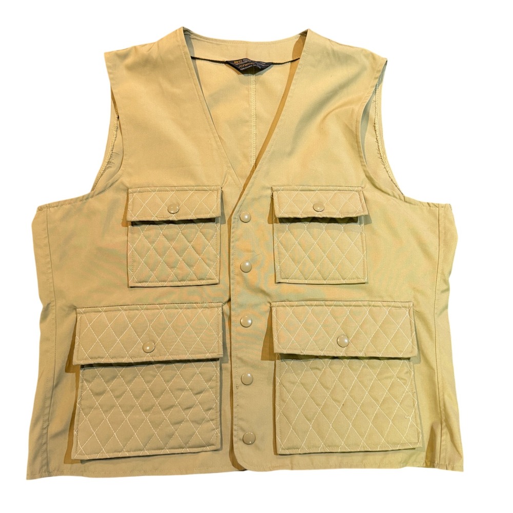 JCPenney Tan Hunting Vest Quilted Pockets‎ Snap Front Men's Large Utility